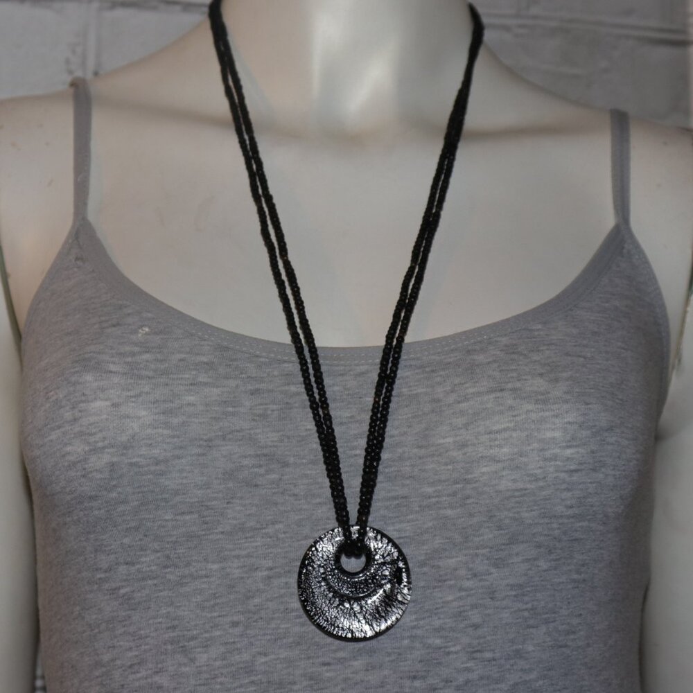 🌑 Black Wooden Beaded Necklace · Glass Pendant · 30"